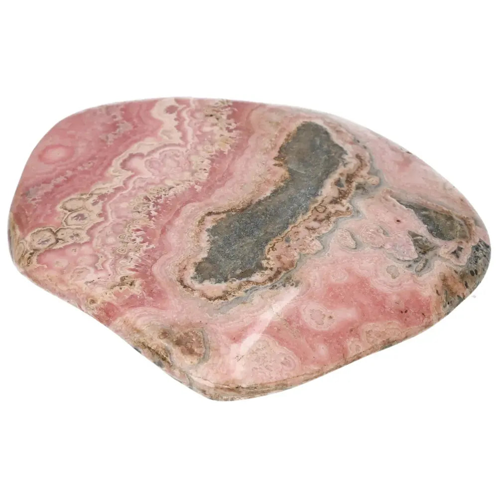Polished Rhodochrosite stone with vibrant pink tones and unique banding from Sylvia Crystals, known as the stone of love and compassion.