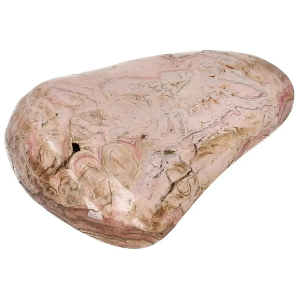 Polished Rhodochrosite gemstone with vibrant pink hues, from Sylvia Crystals, known for promoting love and emotional healing.