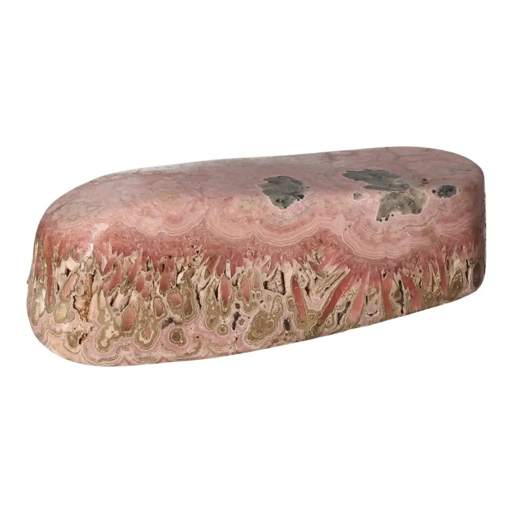 Polished Rhodochrosite from Sylvia Crystals showcasing pink hues and intricate banding, perfect for emotional healing and self-love.