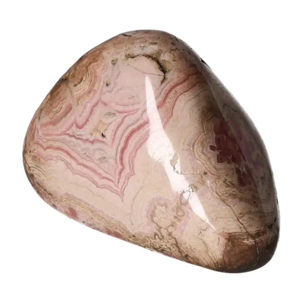 Polished Rhodochrosite gemstone with vibrant pink hues and intricate banding, perfect for crystal collections or home décor.
