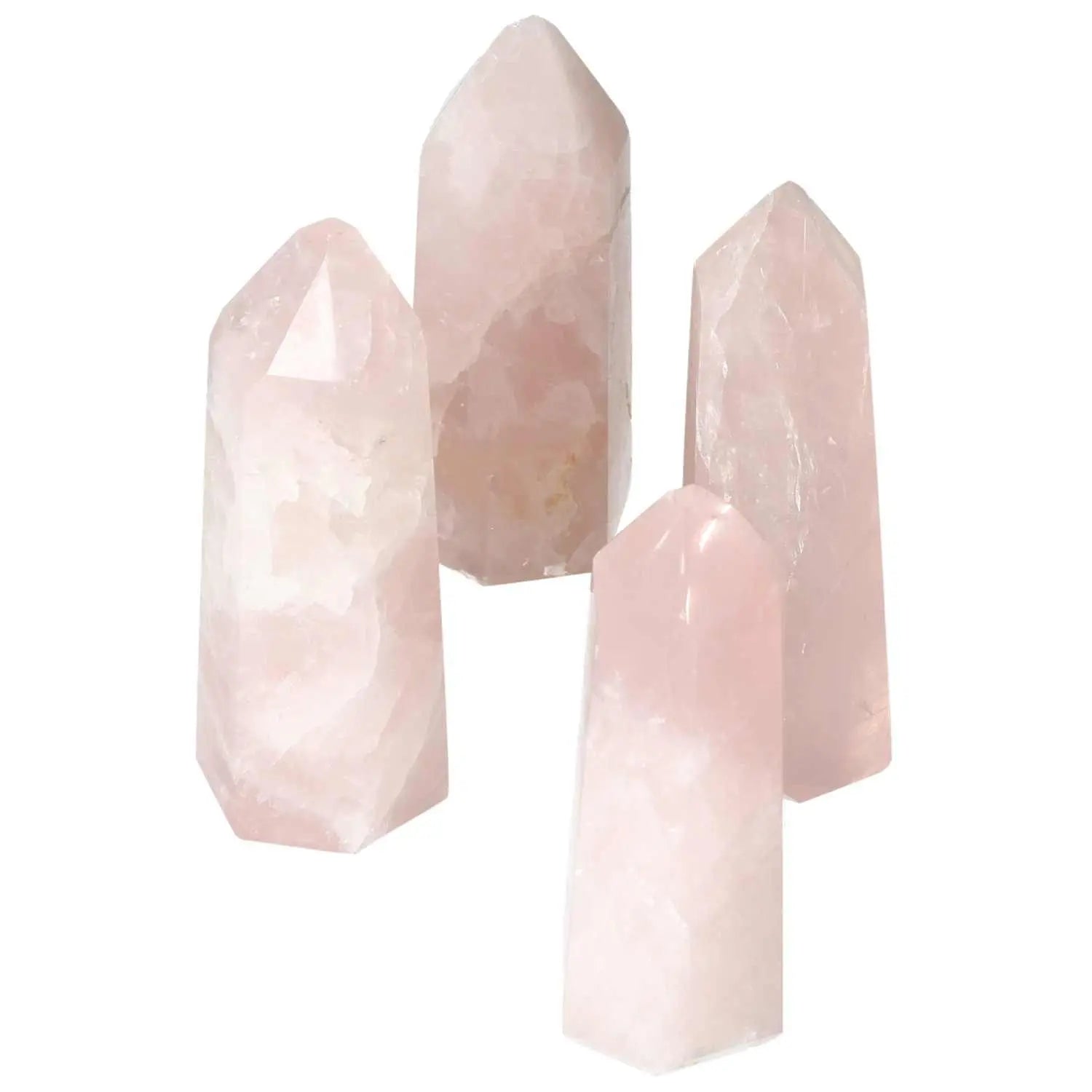 Polished Rose Quartz Obelisks with soft pink hues, perfect for luxury and spirituality from Sylvia Crystals collection.