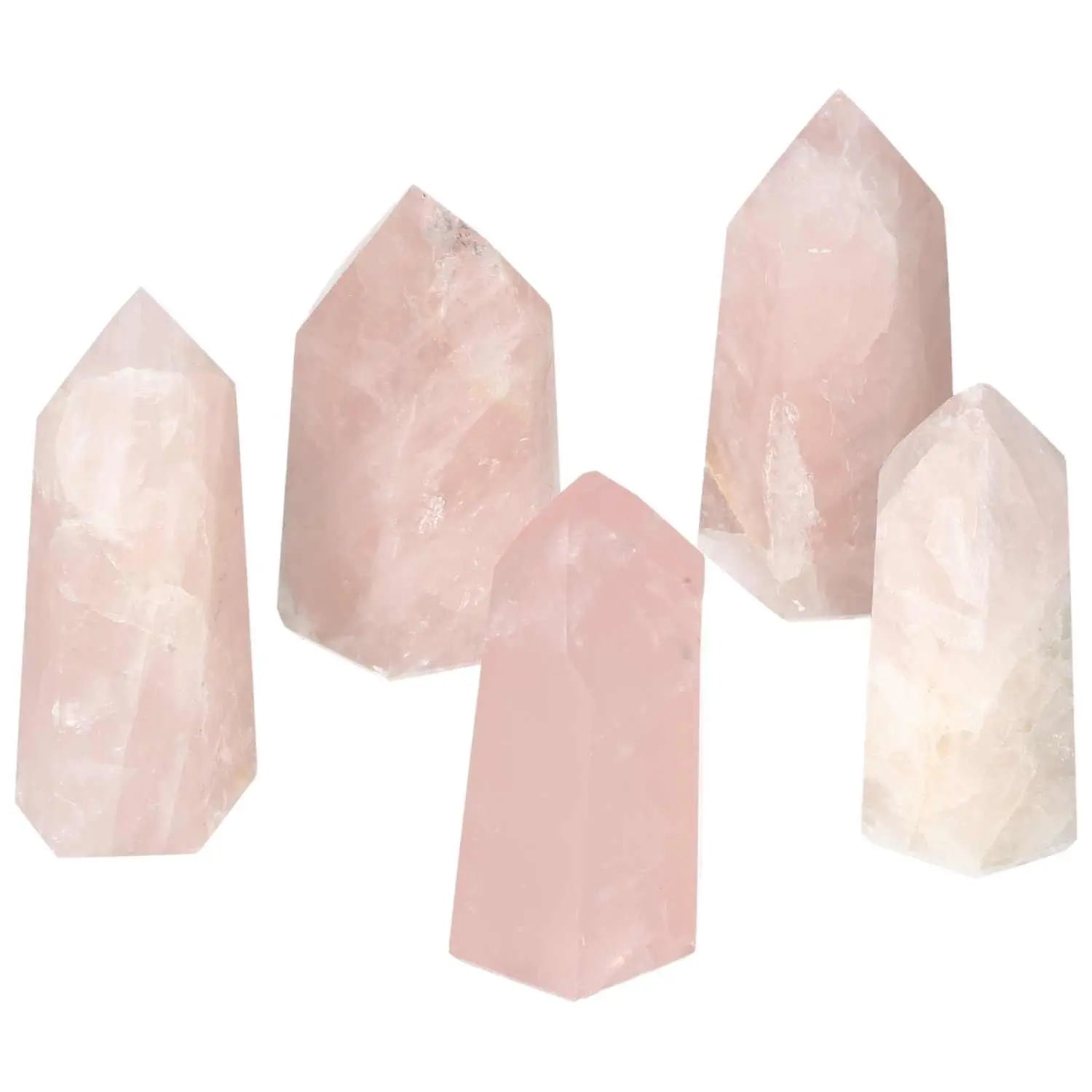 Polished Rose Quartz Obelisk Set from Sylvia Crystals, featuring exquisite pink gemstones for love, compassion, and tranquility.