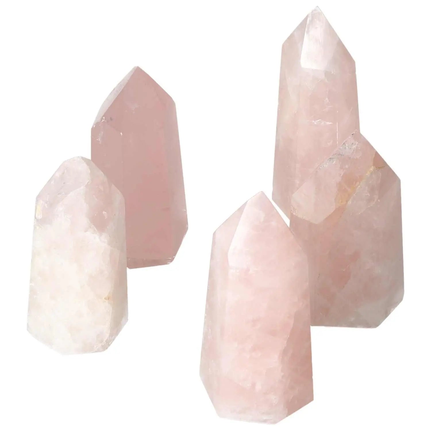 Polished Rose Quartz Obelisk M stones with gentle pink hues, radiating love and tranquility, from Sylvia Crystals collection.