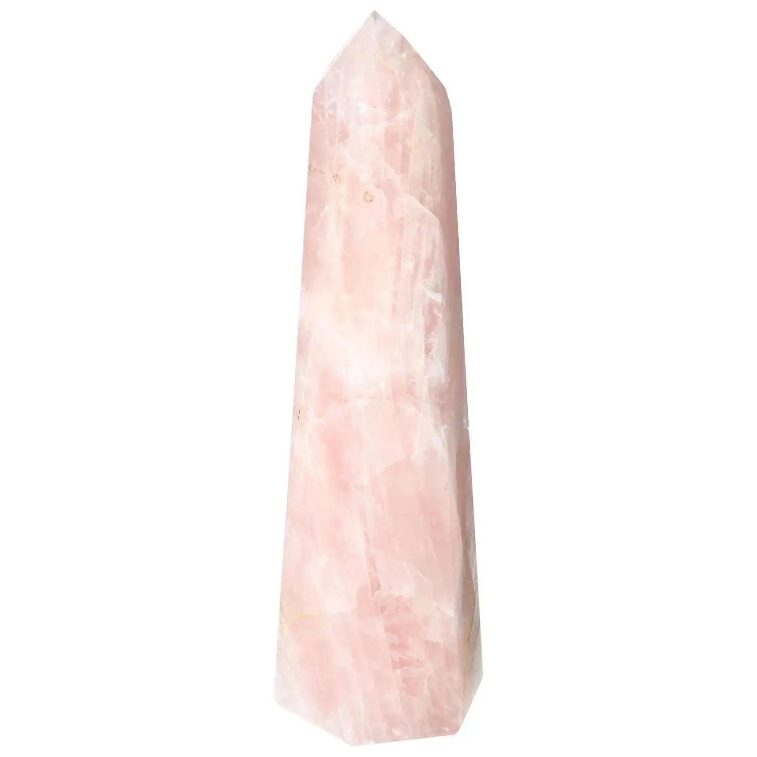 Polished Rose Quartz Obelisk by Sylvia Crystals, showcasing premium pink quartz with elegant craftsmanship for spiritual harmony.
