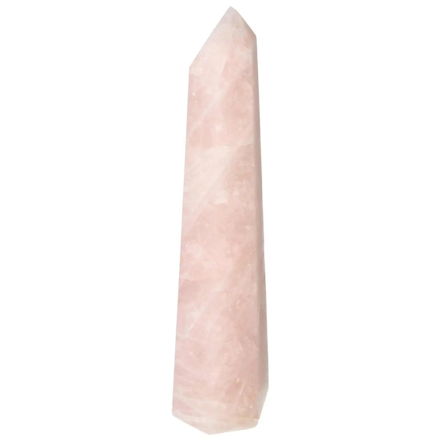 Polished Pink Quartz Obelisk by Sylvia Crystals, symbolizing love and tranquility with a smooth, gentle hue. Luxurious decor piece.