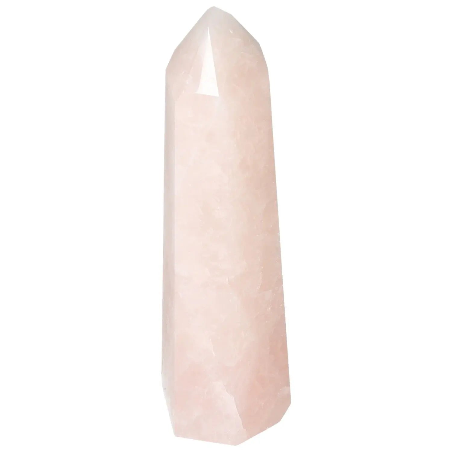 Polished Rose Quartz Obelisk from Sylvia Crystals, showcasing a soft pink hue and luxurious finish, ideal for home decor and spiritual use.