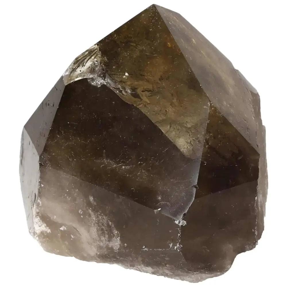 Polished Smoky Quartz Point crystal from Sylvia Crystals, offering grounding energy and protective healing, elegantly displayed.