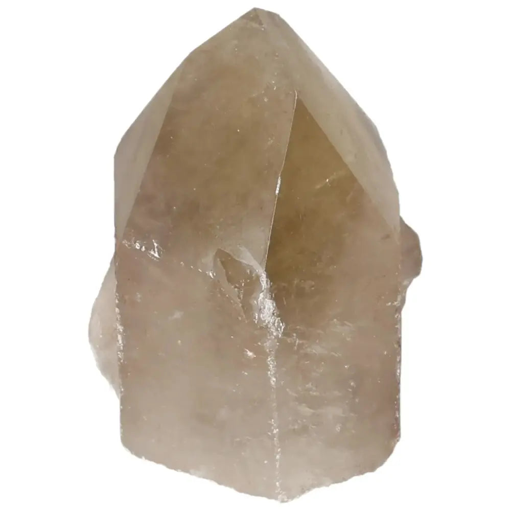 Polished Smoky Quartz Point crystal with grounding properties by Sylvia Crystals, ideal for spiritual balance and tranquility.