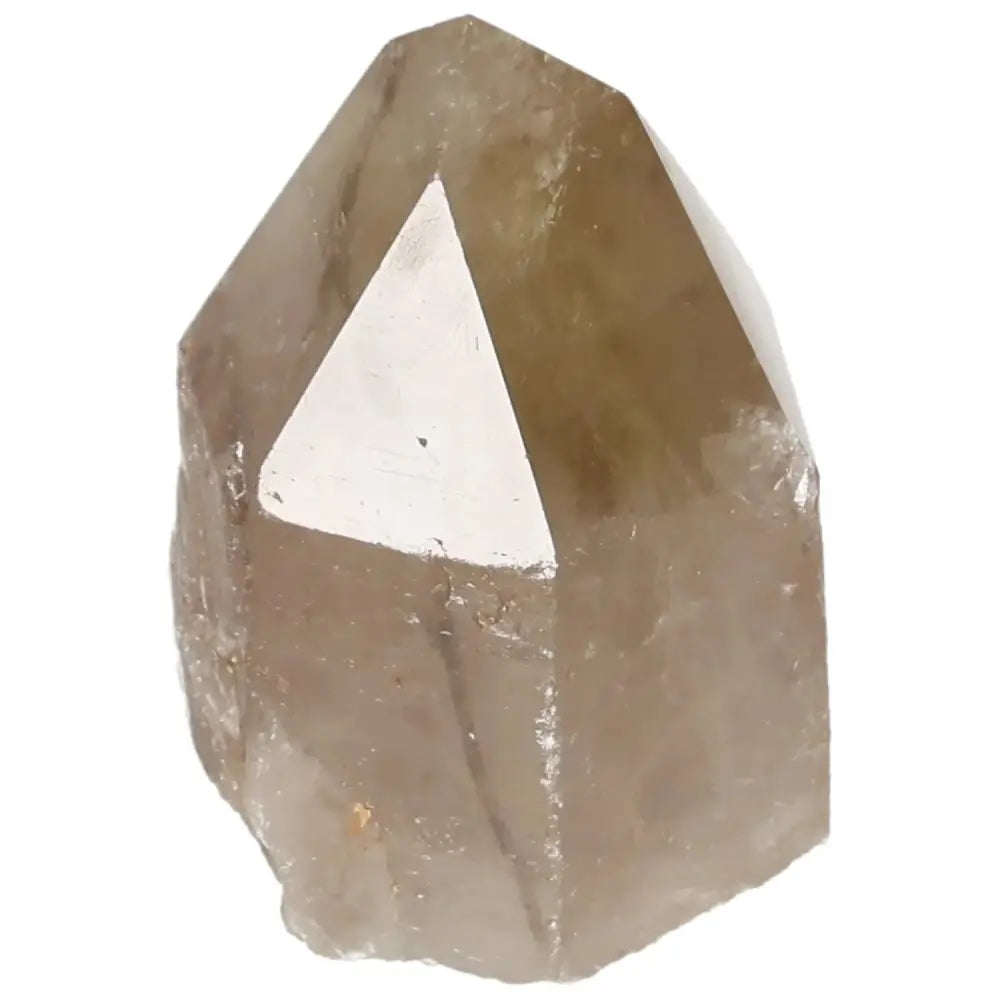 Polished Smoky Quartz Point crystal for balance and tranquility from Sylvia Crystals, known for its grounding and protective properties.