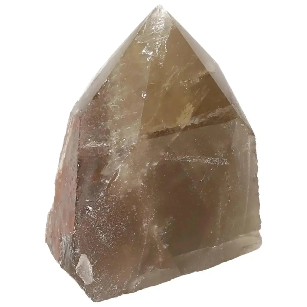 Polished smoky quartz point crystal from Sylvia Crystals, showcasing grounding properties and timeless elegance.