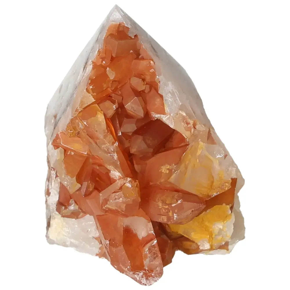 Polished Tangerine Quartz Point with vibrant orange hues, by Sylvia Crystals, perfect for collectors and crystal enthusiasts.