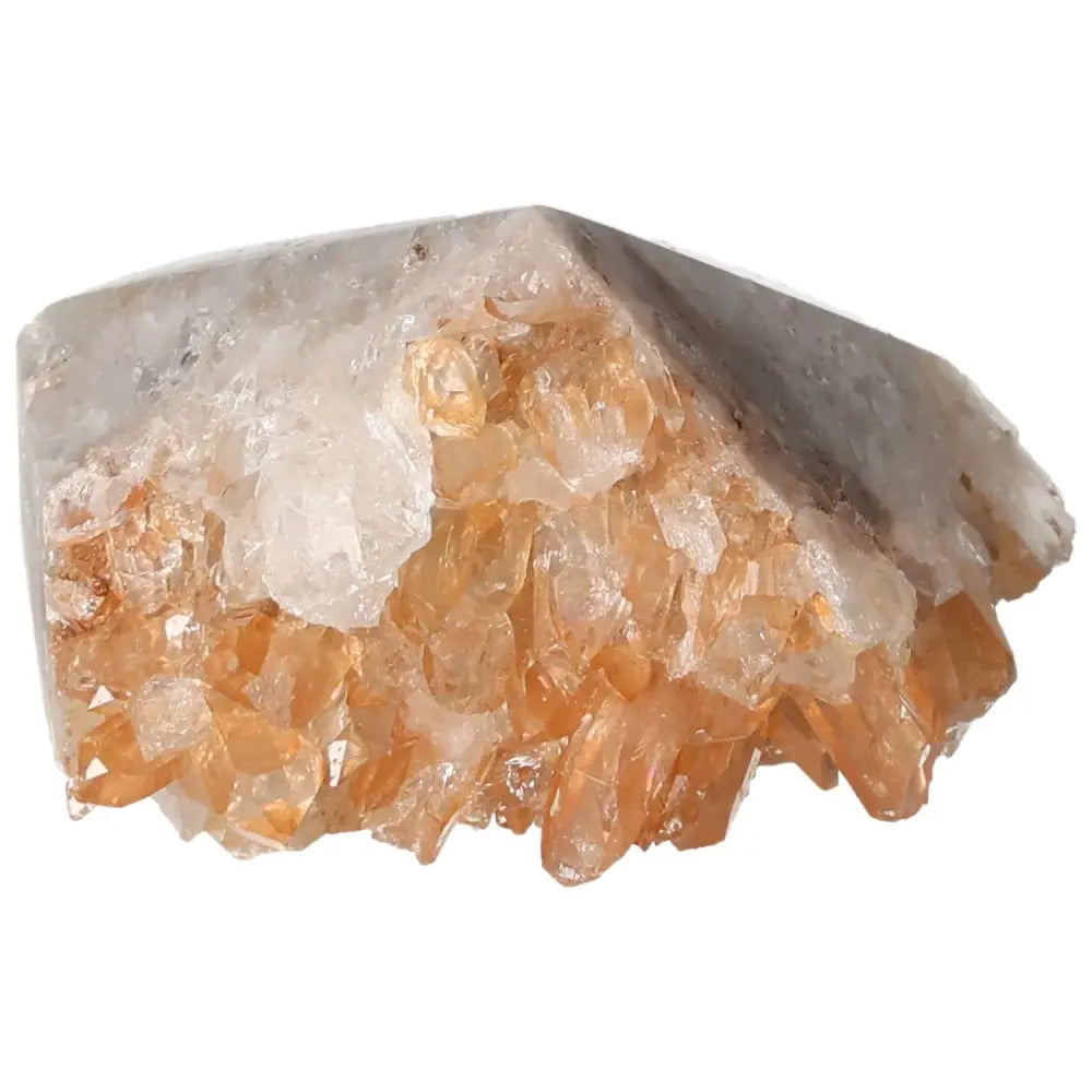 Polished Tangerine Quartz Point with vibrant crystal facets from Sylvia Crystals, enriched with natural iron inclusions, 500x500 image.