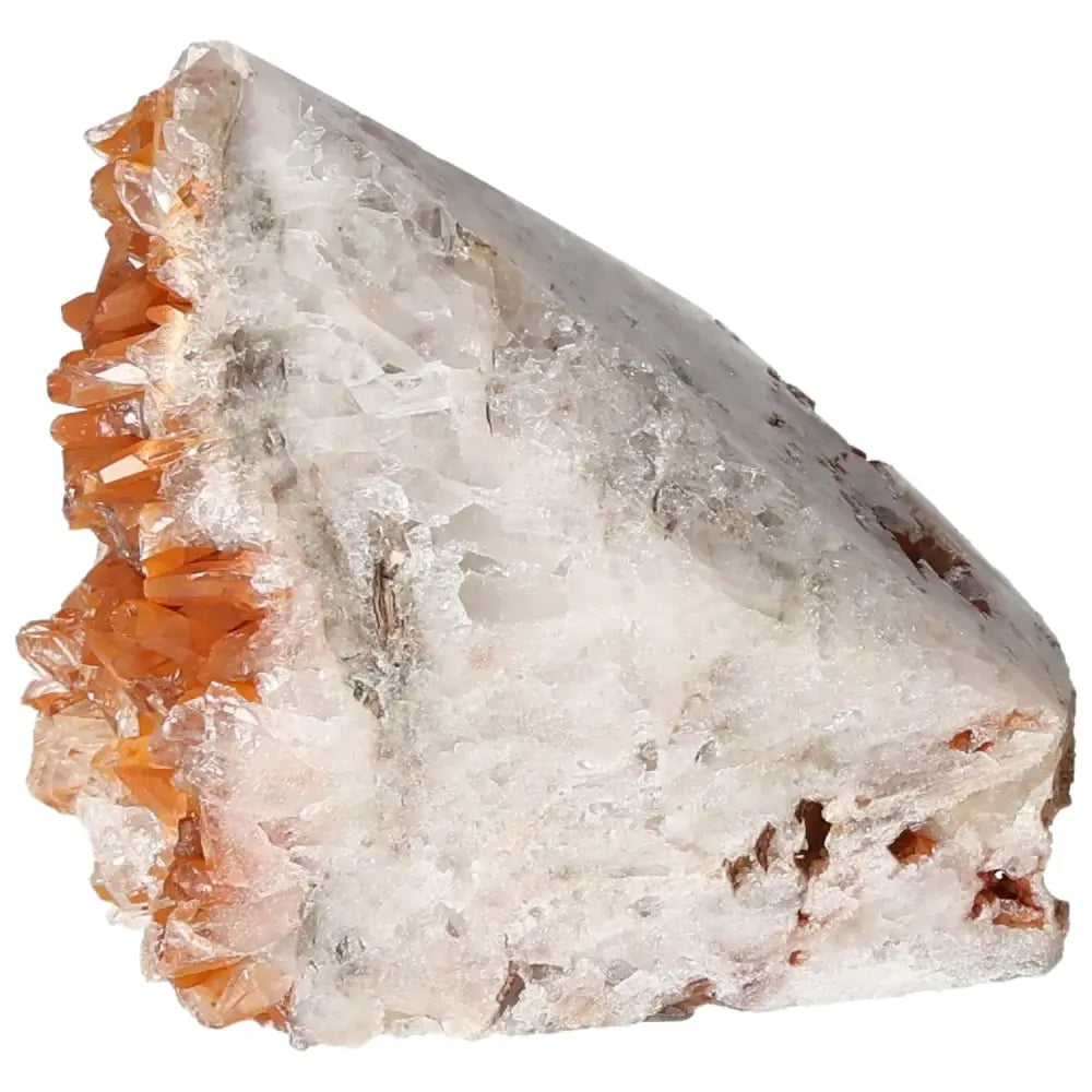 Polished Tangerine Quartz Point with vibrant orange hue from Sylvia Crystals, highlighted by iron oxide coating, ideal for spiritual enhancement.