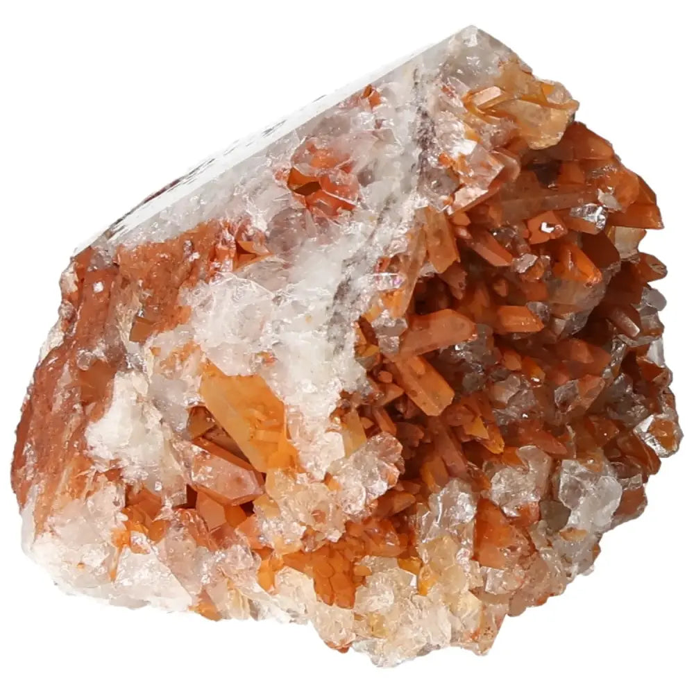 Polished Tangerine Quartz Point with vibrant iron oxide hue from Sylvia Crystals, showcasing luxurious and spiritual allure.