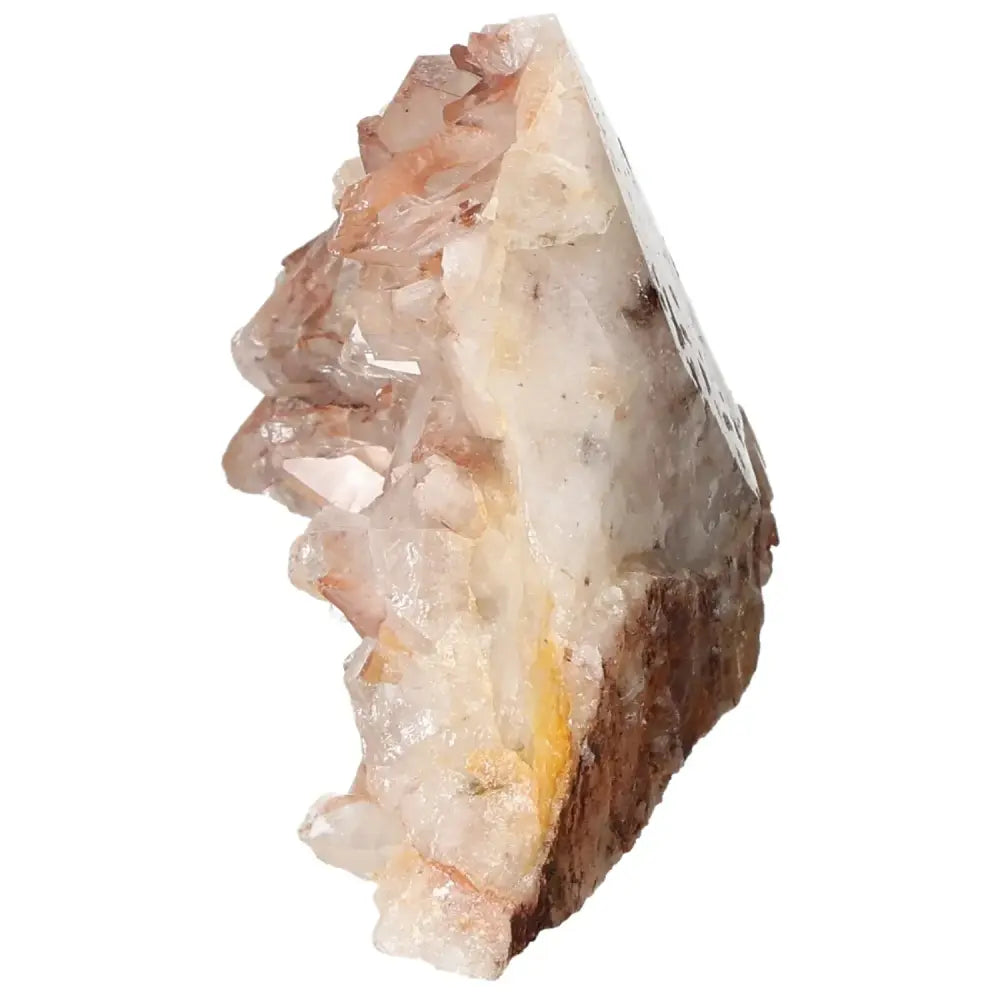 Side view of a polished tangerine quartz point with radiant hues, perfect for energy healing and luxury decor.