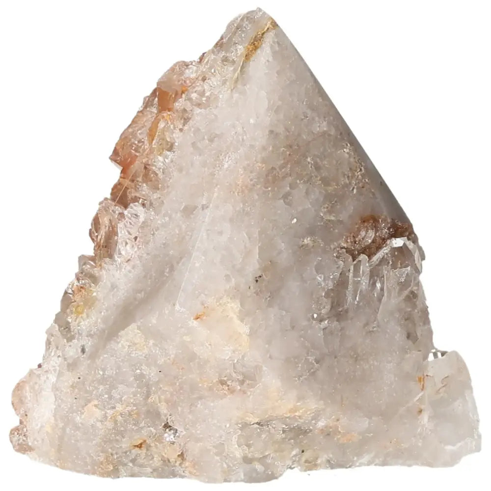 Natural clear quartz crystal with rough edges and a smooth triangular peak, showcasing intricate details and slight amber hues.