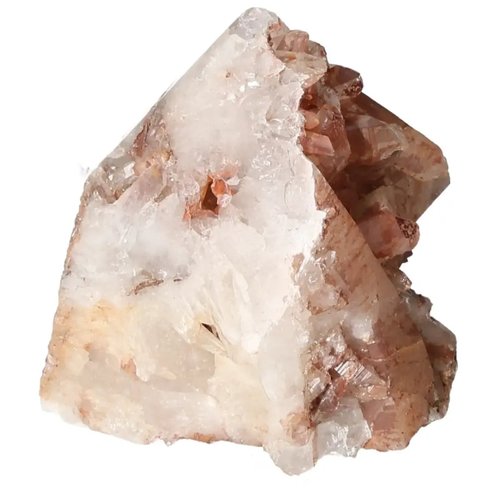 Crystal specimen with a rugged, translucent structure featuring pinkish-brown and white hues, suitable for decor and metaphysical uses.