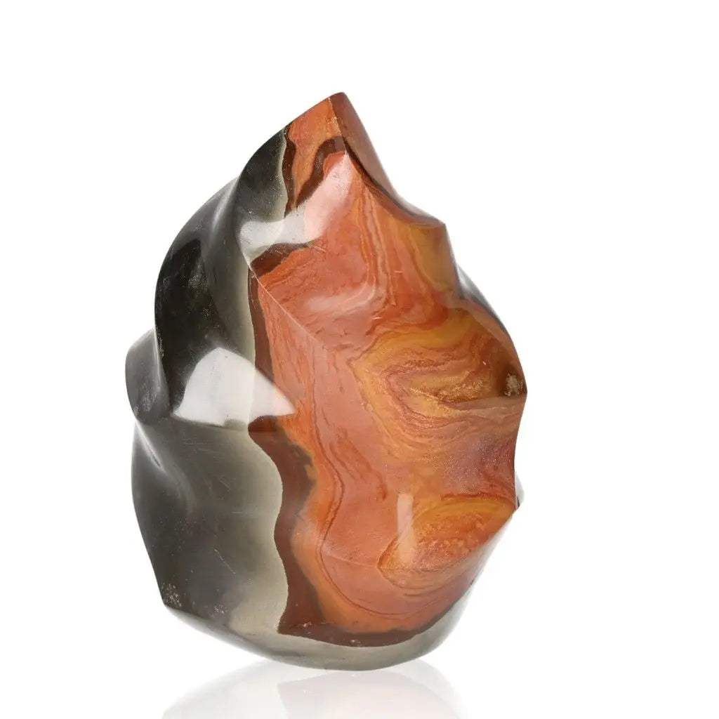 Polychrome Jasper Flame stone featuring vibrant red, orange, and brown swirls, known as Desert Jasper, unique natural artistry.