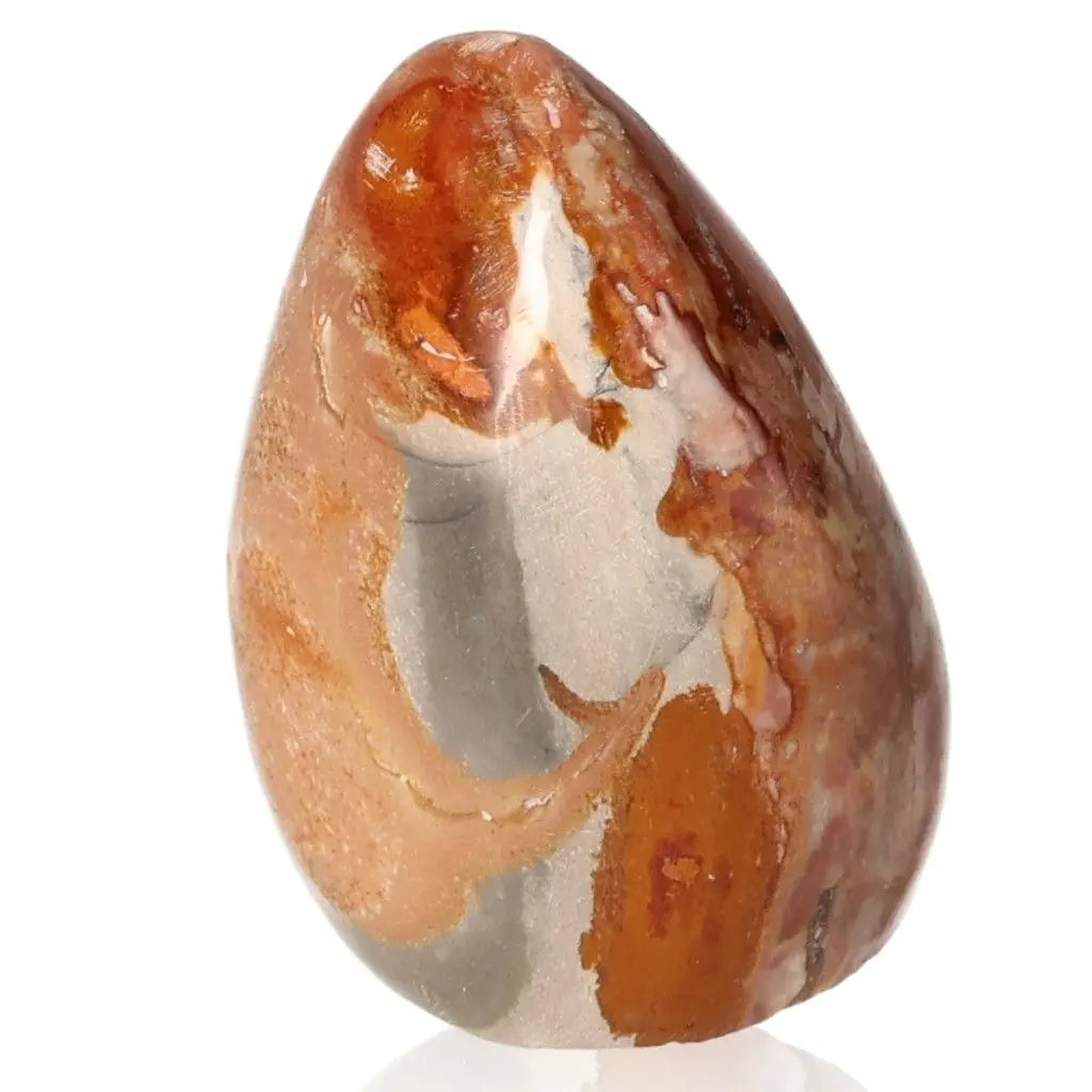 Polychrome Jasper Free Form stone with vibrant red, orange, and brown hues, showcasing natural artistry, ideal for home decor.