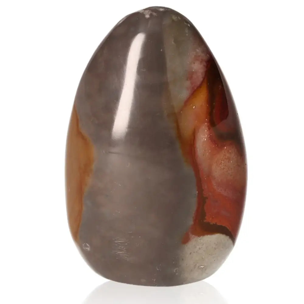 Polychrome Jasper Free Form gemstone with vibrant red, orange, and brown patterns on a smooth surface, offering a dynamic visual allure.
