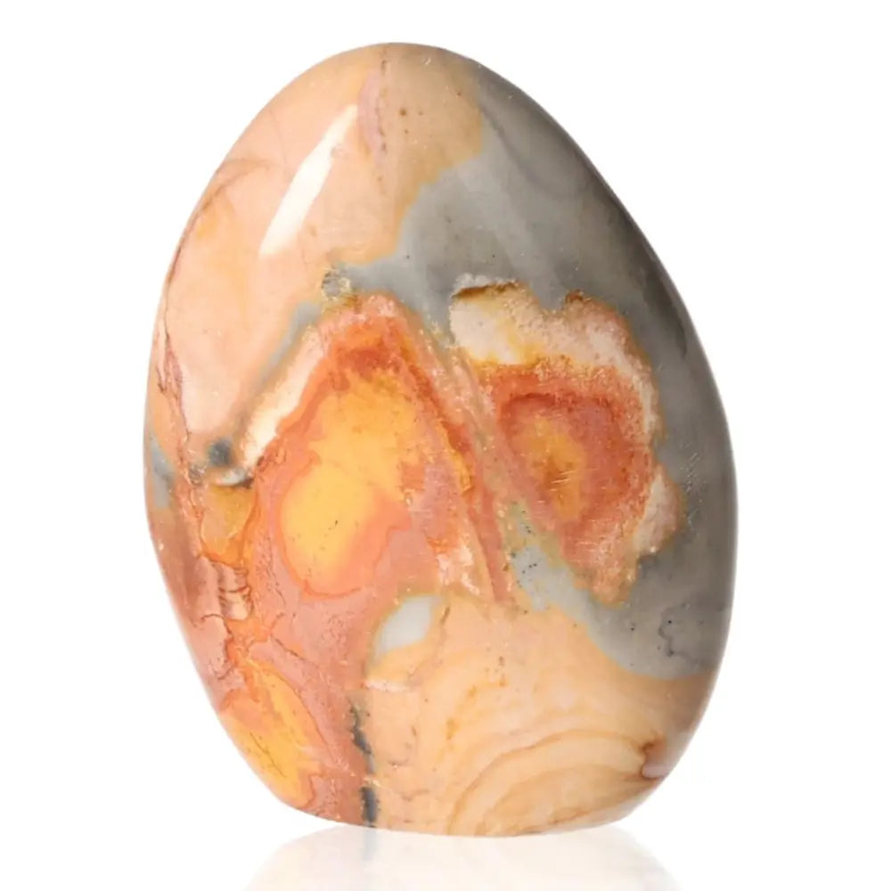 Polychrome Jasper Free Form stone with dynamic colors in red, orange, and gray, showcasing desert jasper's natural patterns.