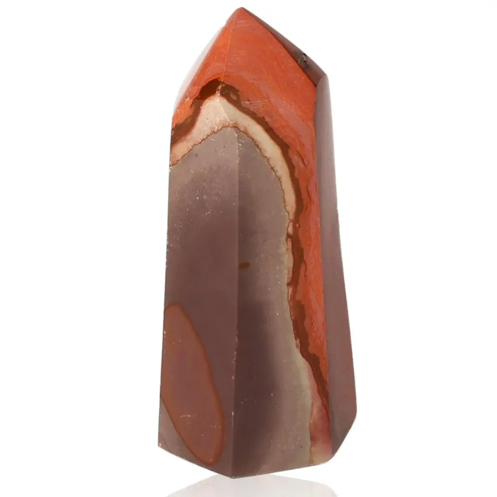 Vibrant Polychrome Jasper Tower with red, orange, and brown hues, showcasing natural patterns. Known as Desert Jasper gemstone.