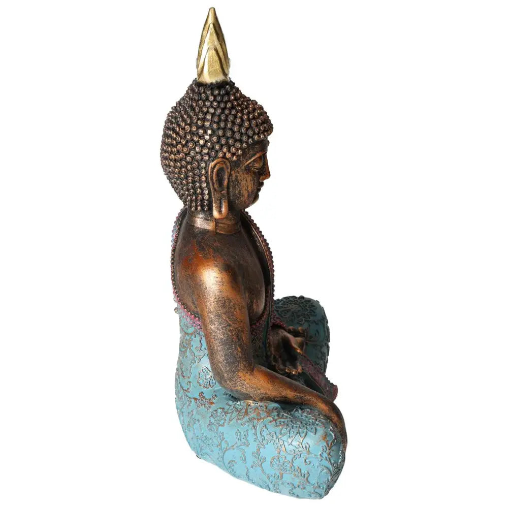 Side view of Poly Turquoise Buddha statue from Sylvia Crystals, showcasing intricate details and luxurious turquoise finish.