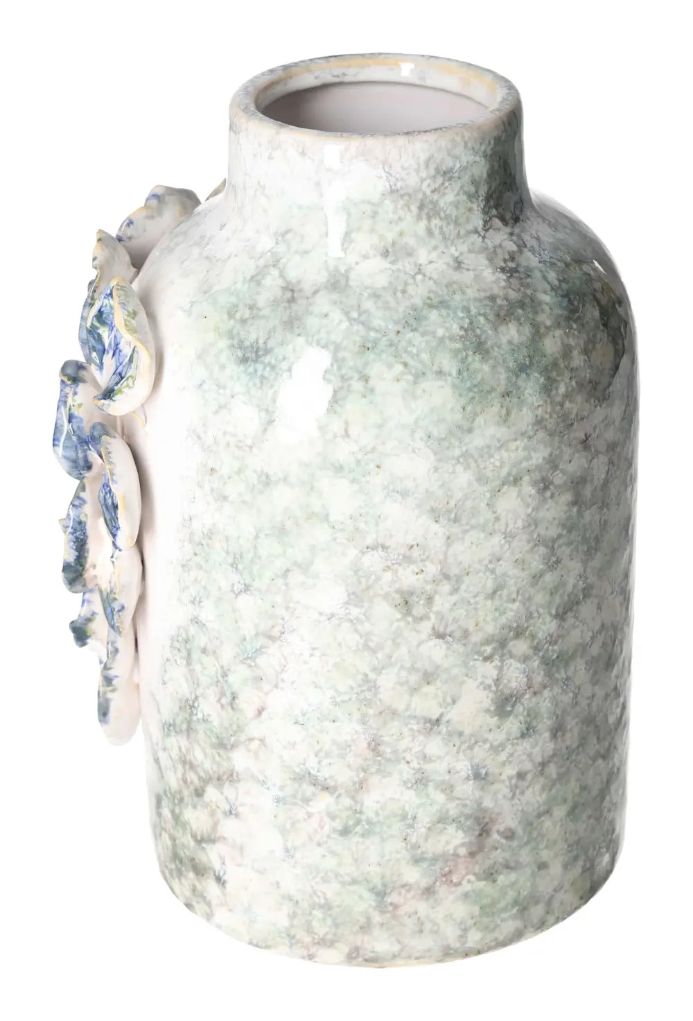 Porcelein Style Vase 16x13x23 with textured green surface and floral embellishments, embodying conscious luxury by Sylvia Crystals.