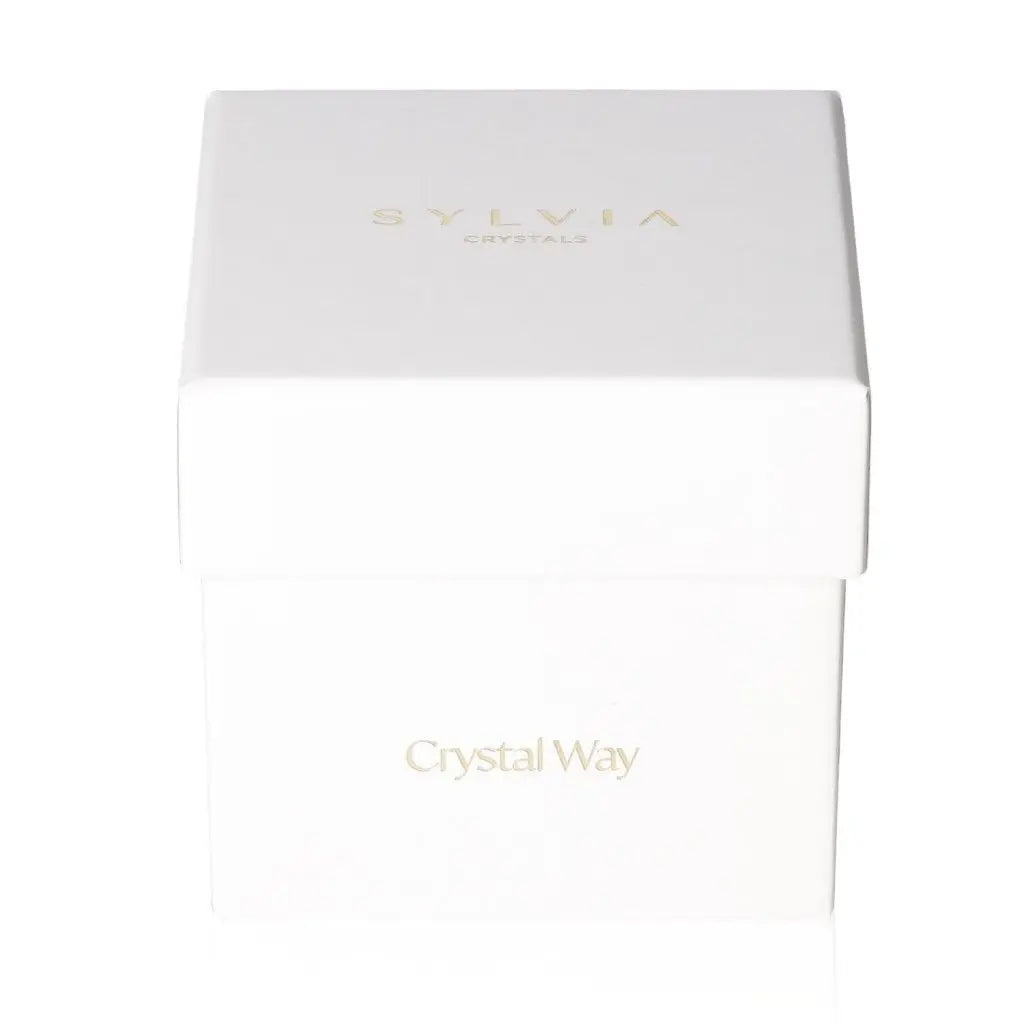 White gift box with 'Crystal Way' and 'Sylvia Crystals' text, dimensions 100x100x100 mm.