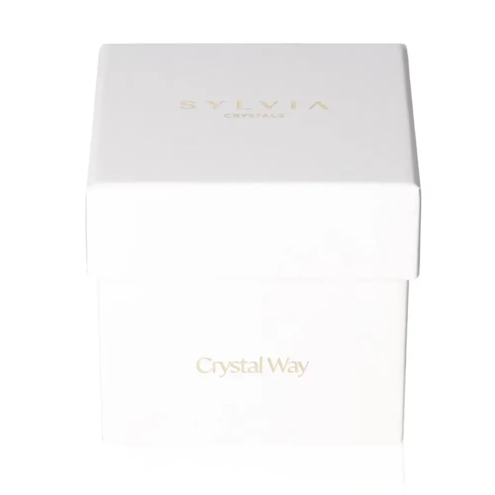 Elegant white box with 'Sylvia Crystal' and 'Crystal Way' text, measuring 100x100x100 mm, perfect for gifts and storage.