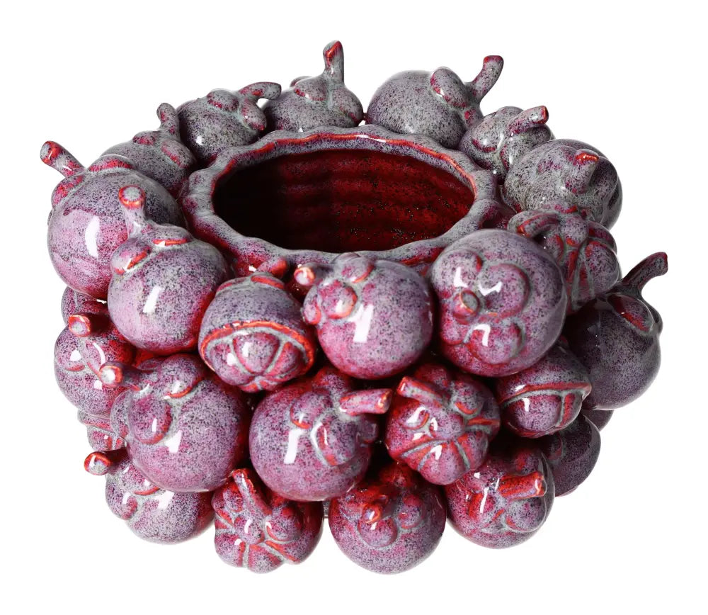 Decorative purple earthenware flower pot with intricate fruit and berry design, ideal for enhancing home decor with a touch of elegance.