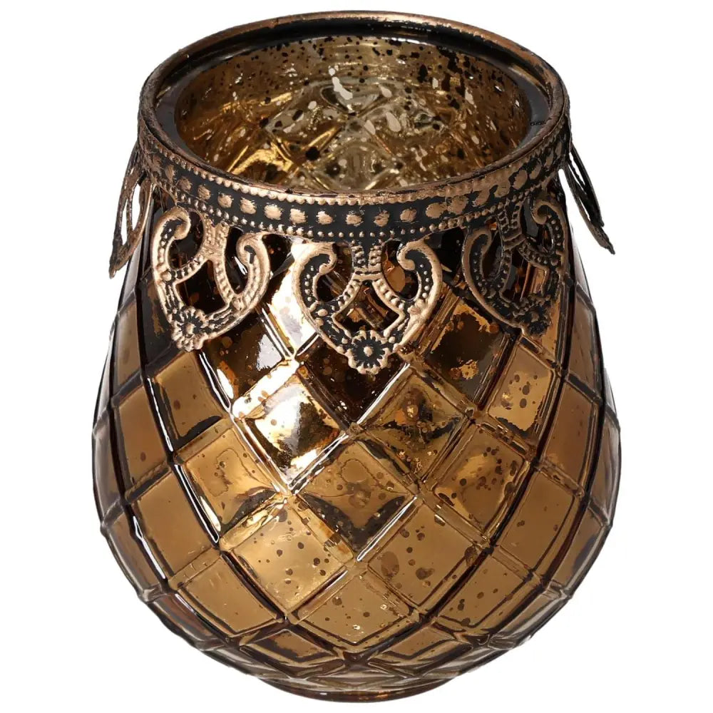 Elegant amber glass lantern with intricate metal rim and diamond pattern, perfect for luxurious home decor.