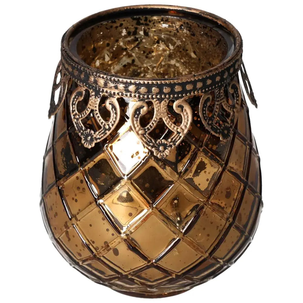 Luxury brown glass lantern with a metal rim and intricate detailing, perfect for adding an elegant touch to any space.