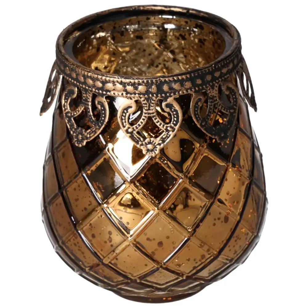 Elegant brown glass lantern with intricate metal rim detailing, featuring a diamond pattern design for a sophisticated decor accent.