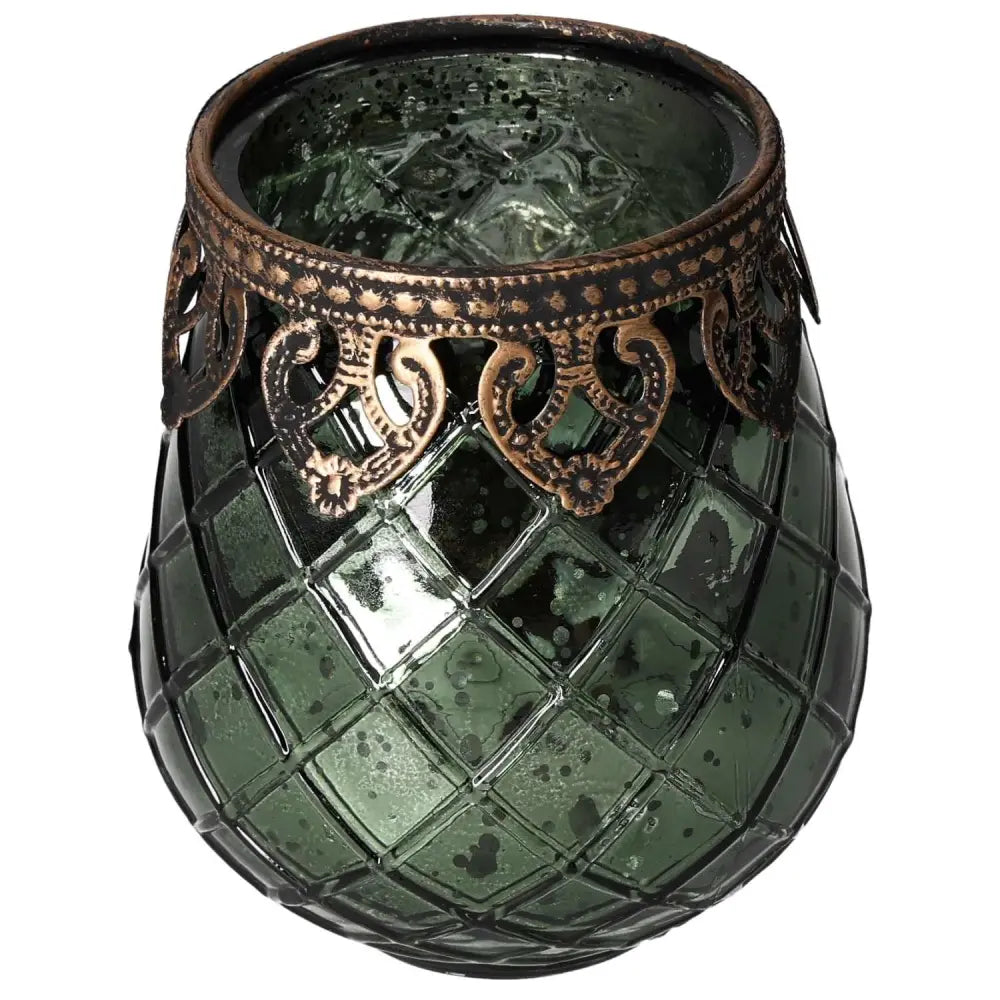 Elegant glass lantern with intricate metal rim design, in a dark green hue, showcasing a blend of vintage charm and modern elegance.