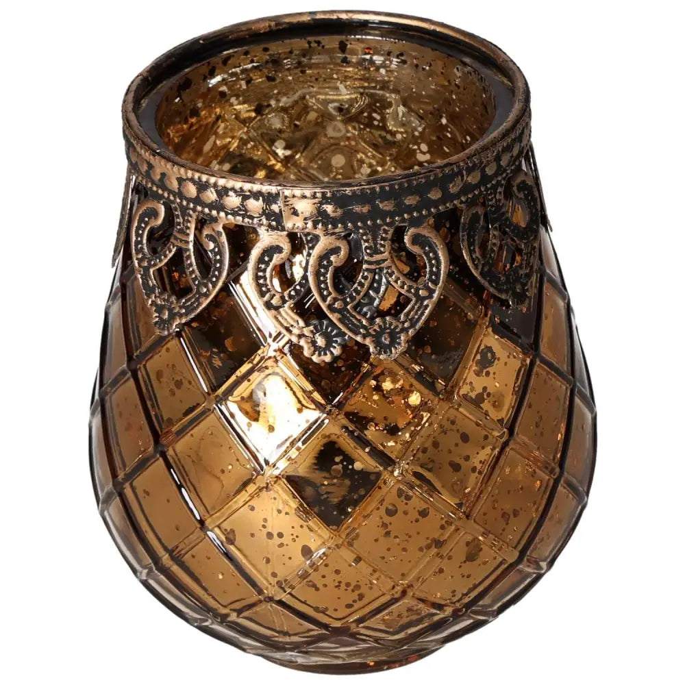 Ornate glass lantern with intricate metal rim, featuring luxurious golden tones and a diamond pattern design, perfect for elegant décor.