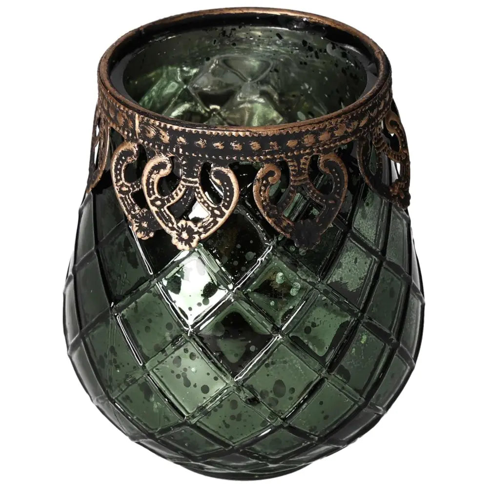 Green glass lantern with intricate metal rim featuring decorative design, perfect for adding a touch of elegance and tranquility to any space.