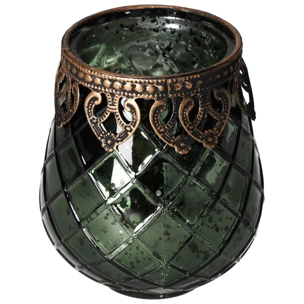 Vintage-style green glass lantern with intricate bronze metal rim, reflecting elegance and artistic craftsmanship.