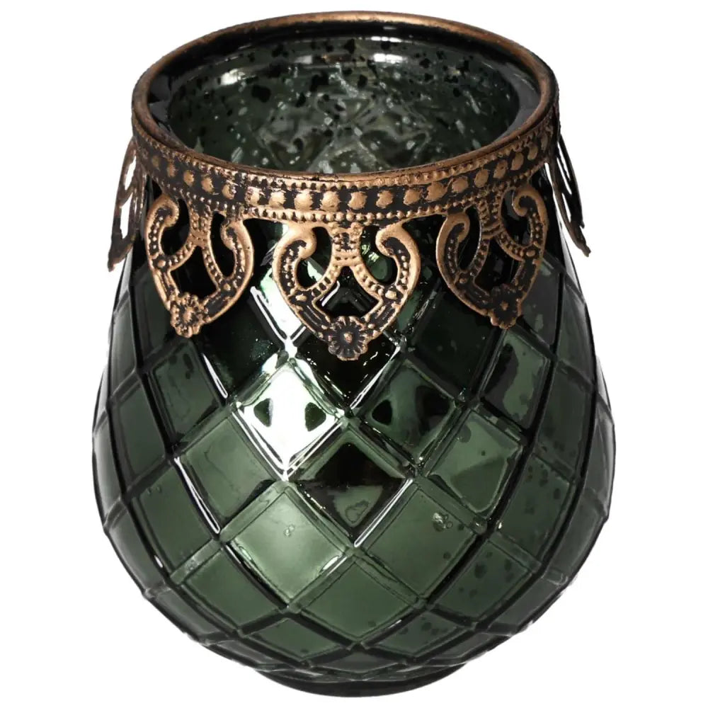 Elegant green glass lantern with intricate bronze metal rim design