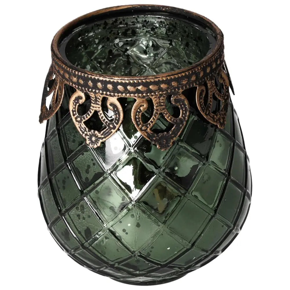 Elegant glass vase with ornate bronze rim detailing, featuring a quilted pattern and dark green hue.