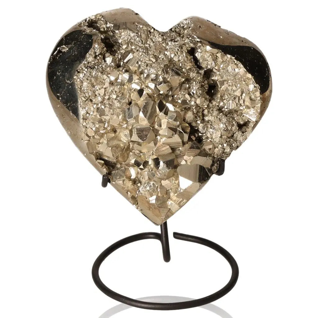 Heart-shaped Pyrite mineral on stand, showcasing vibrant golden hue and metallic luster, symbolizing prosperity and abundance.