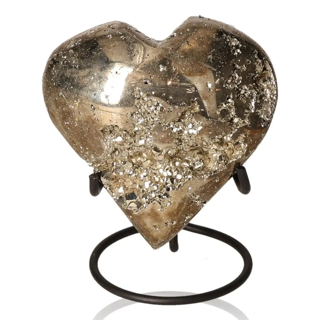 Heart-shaped pyrite ornament on stand, showcasing its golden hue and metallic luster, symbolizing abundance and prosperity.