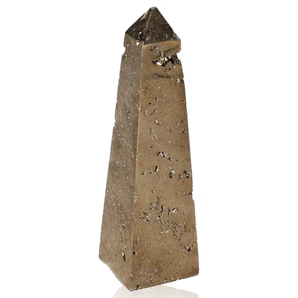 Golden pyrite obelisk displaying metallic luster, known for symbolic prosperity and resemblance to "Fool's Gold."