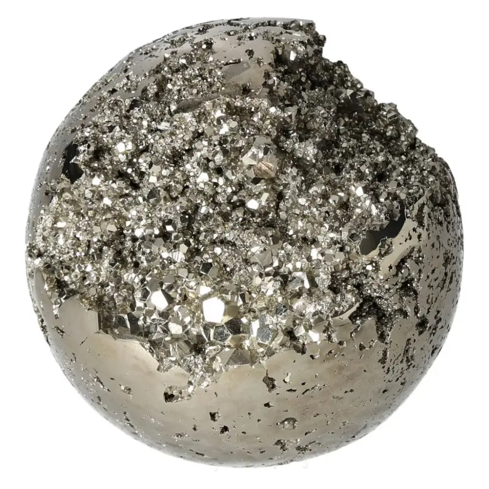 Alt Tag: Polished 10 cm pyrite sphere showcasing golden luster and intricate crystal detail, perfect for grounding and energy elevation.
