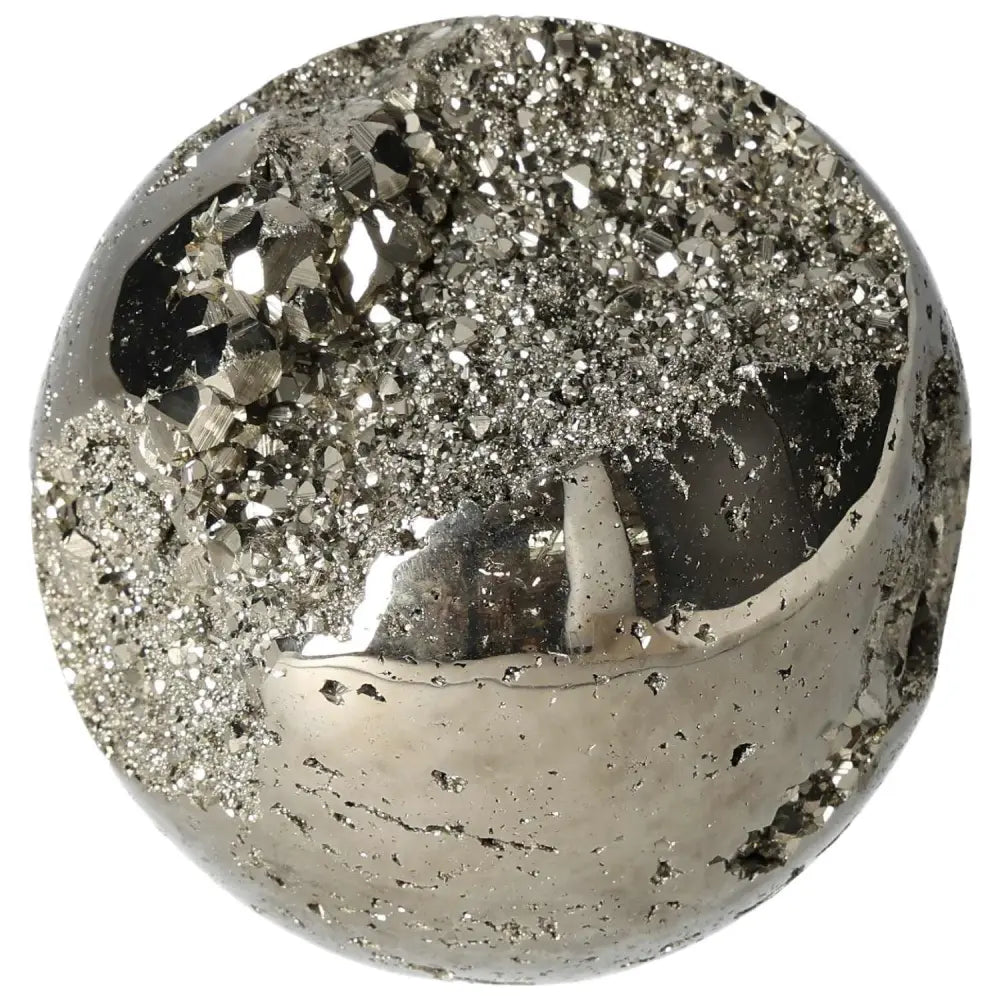 Polished pyrite sphere 10 cm showcasing golden luster and grounding energy, ideal for enhancing space with radiant design.