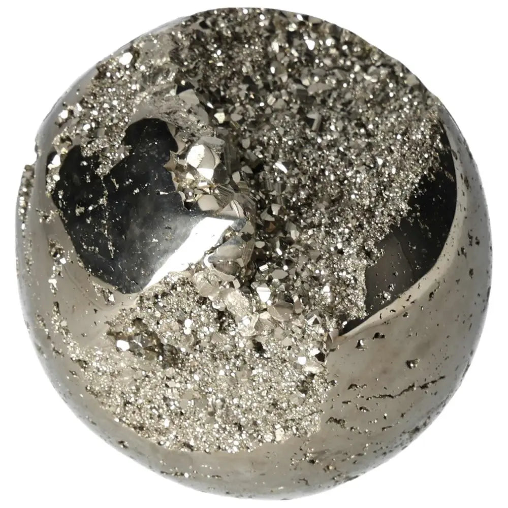 Shimmering polished pyrite sphere, 10 cm, showcasing natural golden luster and radiant energy for home decor and spiritual grounding.