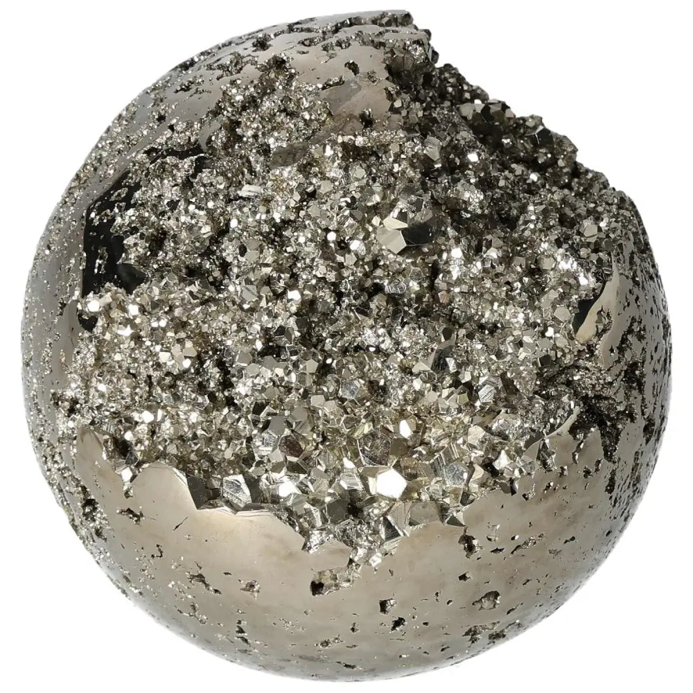 10 cm polished pyrite sphere showcasing golden luster and grounding energy, perfect for elevating and enhancing your space's ambiance.