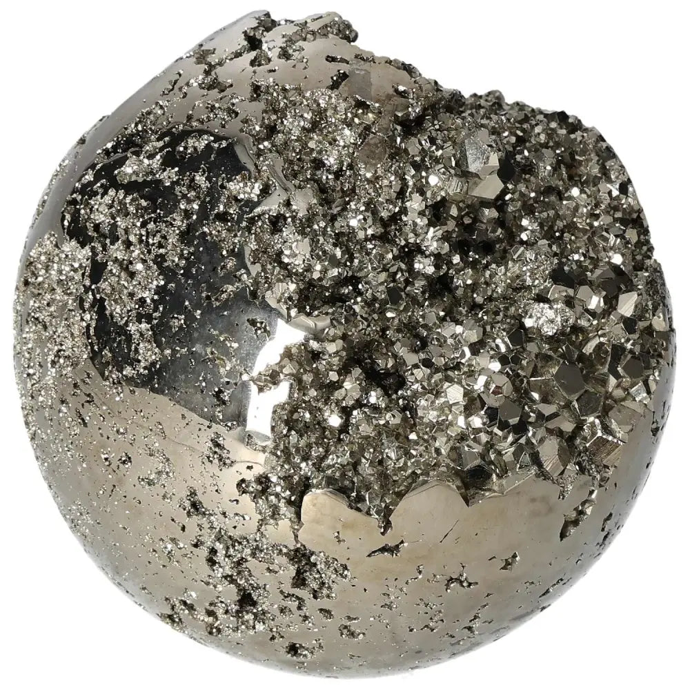 Polished 10 cm pyrite sphere showcasing golden luster and grounding power, perfect for elevating space and energy.