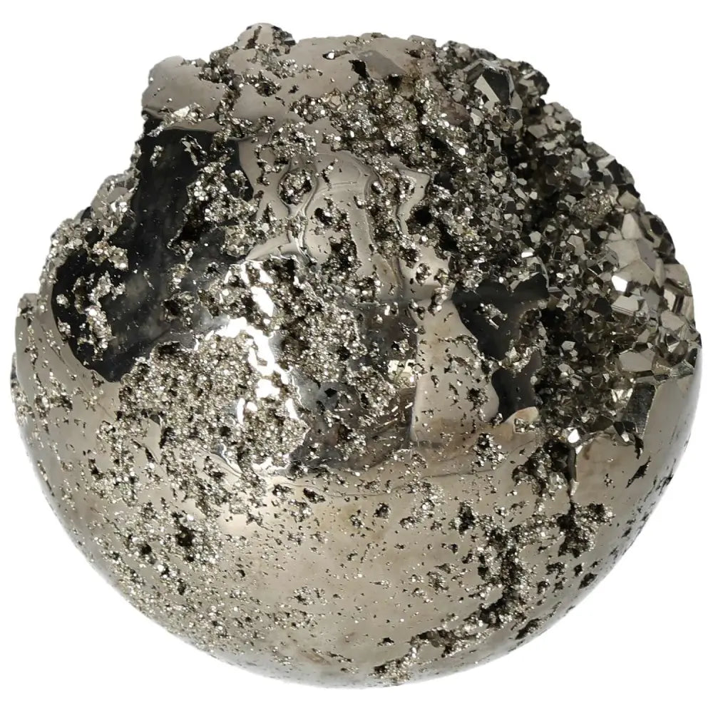 Polished pyrite sphere 10 cm showcasing golden luster and grounding energy, perfect for elevating space with natural elegance.