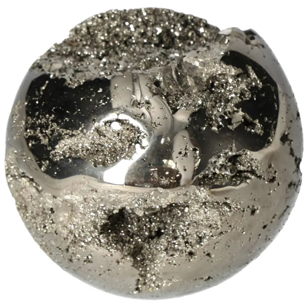 Polished 10 cm pyrite sphere showcasing golden luster and radiant energy, perfect for room decor and grounding rituals.